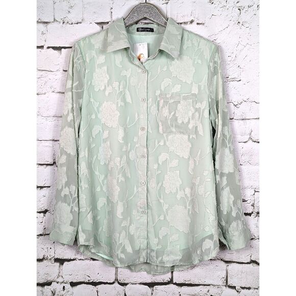 PRETTY GARDEN Boho Artsy Cottage Jacquard Floral Shirt Green Feminine Large NWT - Picture 1 of 8